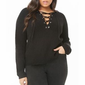 NWT BLACK hooded sweater  with lace up neck